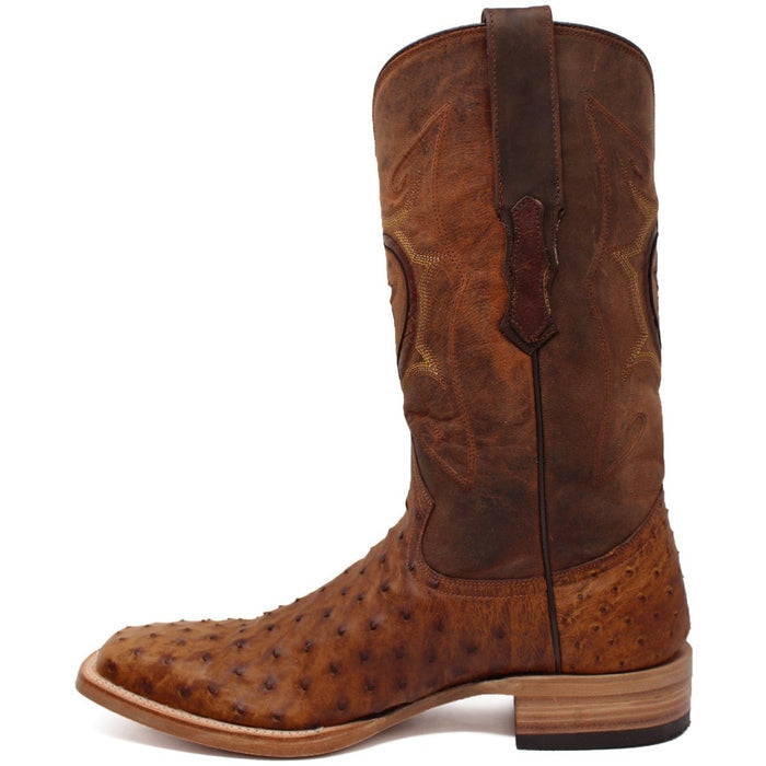 Men's Genuine Full Quill Ostrich Square Toe Boots Oiled Brandy