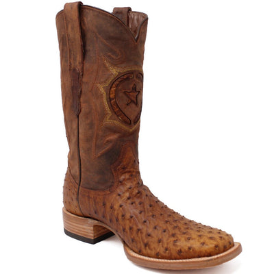 Men's Genuine Full Quill Ostrich Square Toe Boots Oiled Brandy