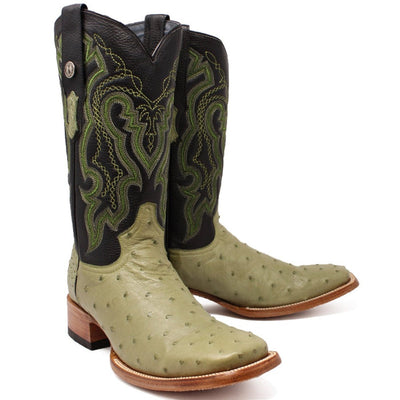 Men's Genuine Full Quill Ostrich Square Toe Boots Black Cherry