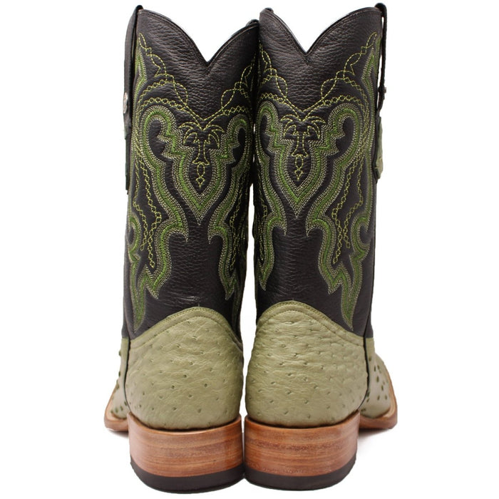 Men's Genuine Full Quill Ostrich Square Toe Boots Olive Green