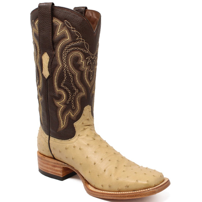 Men's Genuine Full Quill Ostrich Square Toe Boots Olive Green