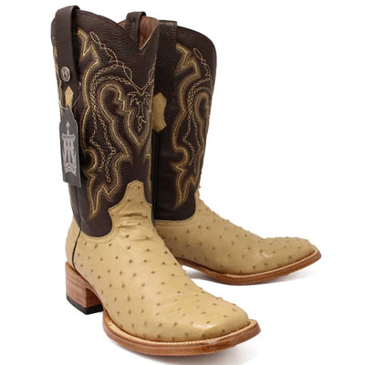 Men's Genuine Full Quill Ostrich Square Toe Boots Oryx