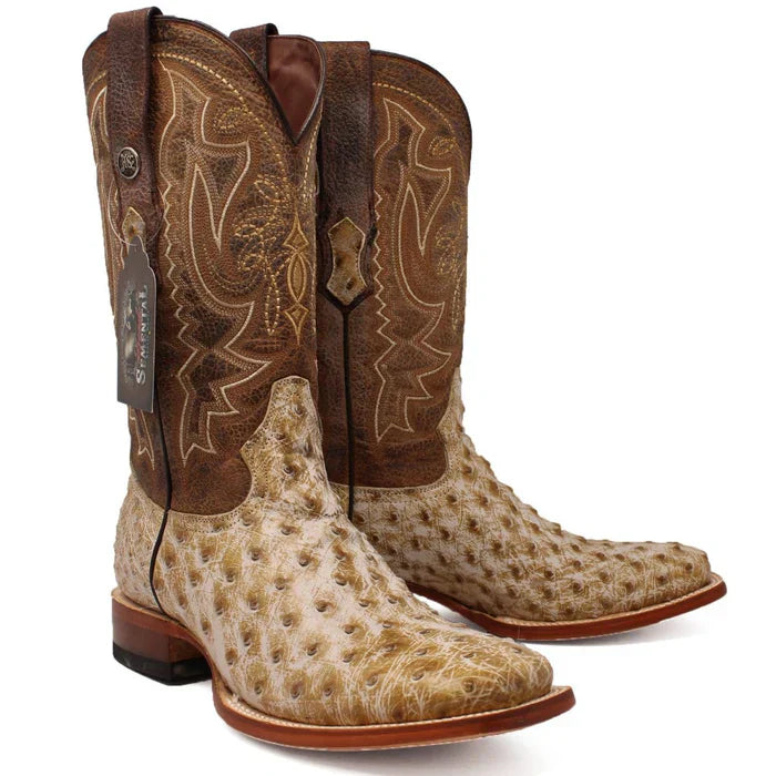 Men's Genuine Full Quill Ostrich Square Toe Boots Rio Grand Antique