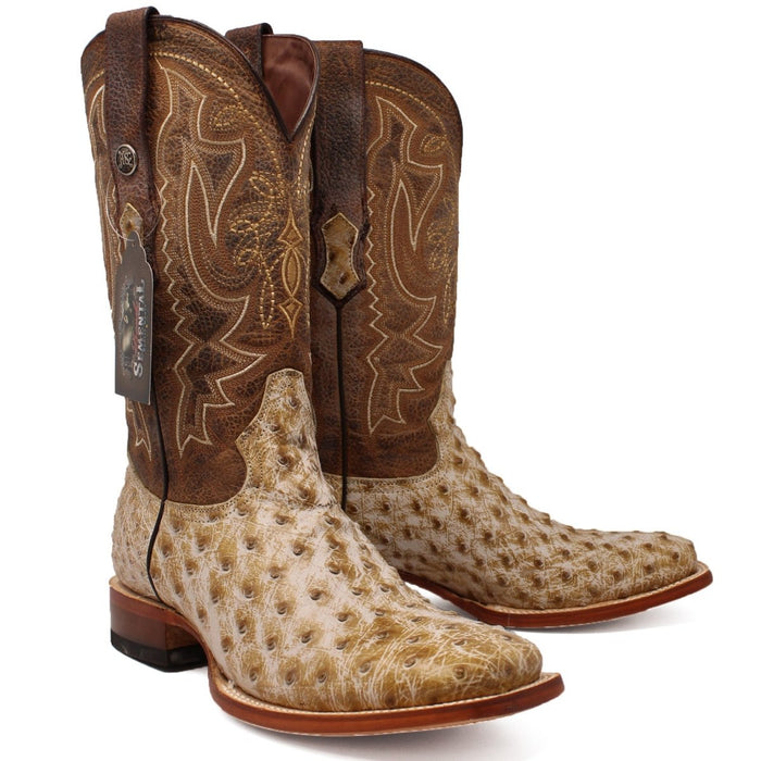 Men's Genuine Full Quill Ostrich Square Toe Boots Rio Grand Antique
