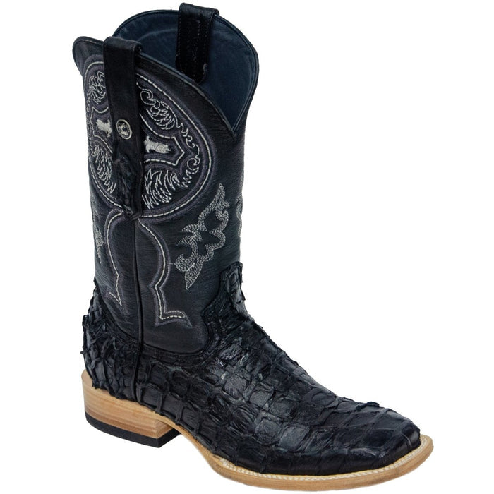 Men's Genuine Monster Fish Leather Square Toe Boots Black