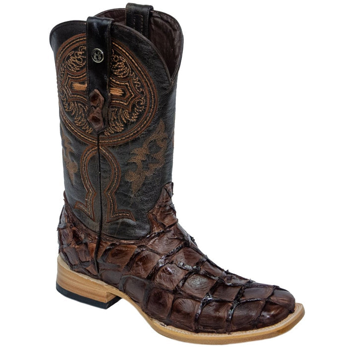 Men's Genuine Monster Fish Leather Square Toe Boots Chocolate