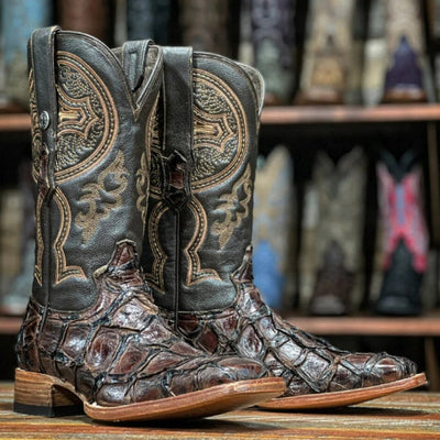 Men's Genuine Monster Fish Leather Square Toe Boots Chocolate
