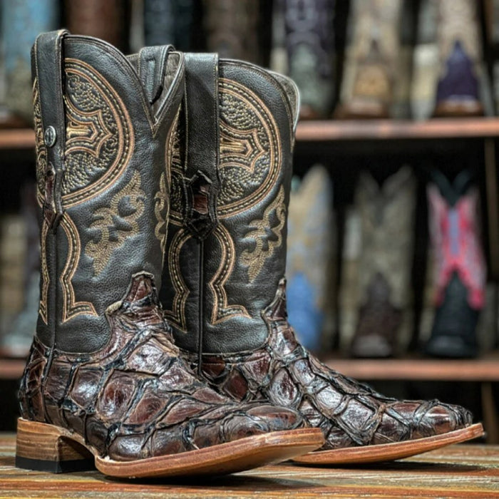 Men's Genuine Monster Fish Leather Square Toe Boots Chocolate