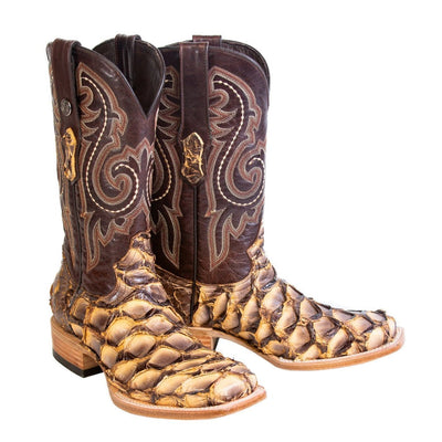 Men's Genuine Monster Fish Square Toe Boots Antique Saddle