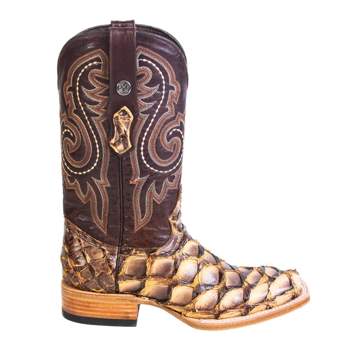 Men's Genuine Monster Fish Square Toe Boots Antique Saddle