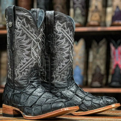 Men's Genuine Monster Leather Fish Square Toe Boots Black