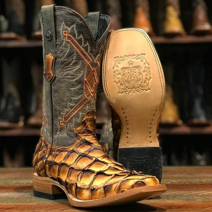 Men's Genuine Monster Leather Fish Square Toe Boots Brandy