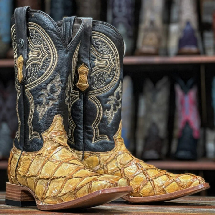Men's Genuine Monster Leather Fish Square Toe Boots Oryx
