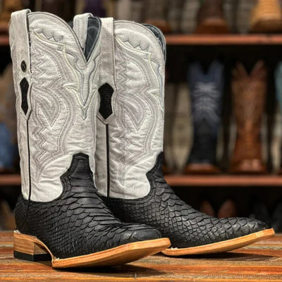 Men's Genuine Python Square Toe Boots Matte Black