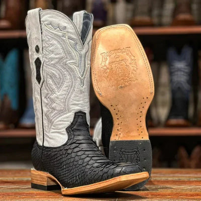 Men's Genuine Python Square Toe Boots Matte Black