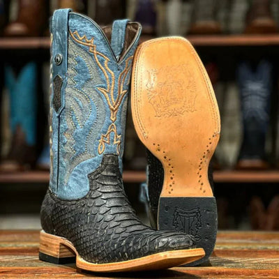 Men's Genuine Python Square Toe Boots Matte Brown