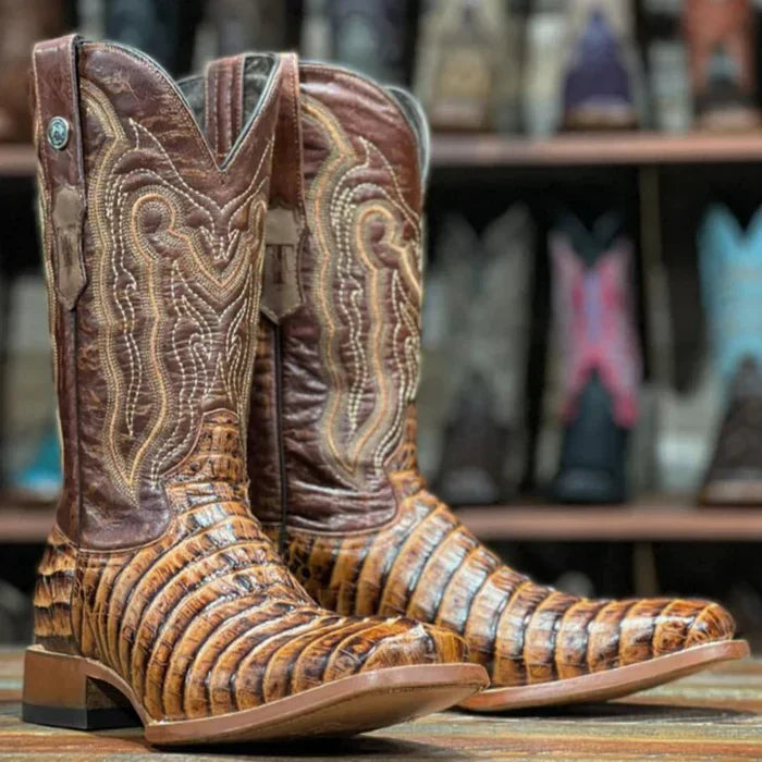 Hudson Print Caiman Tail Cognac Square Toe Boots