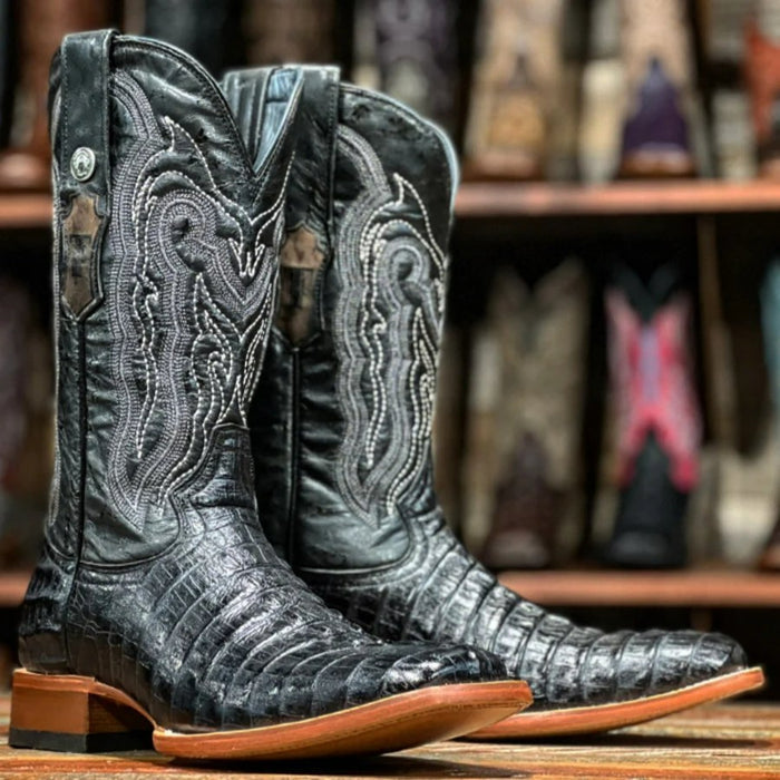 Lufkin Black Caiman Print Square Toe Boots