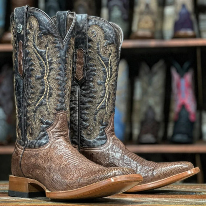 Men's Poteet Genuine Smooth Ostrich Square Toe Boots Brown