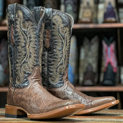 Men's Poteet Genuine Smooth Ostrich Square Toe Boots Brown