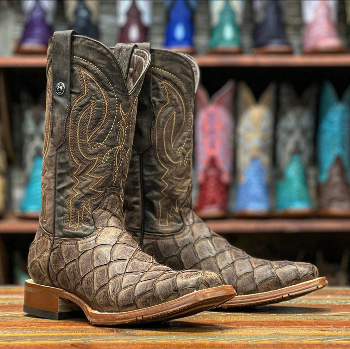 Men's Print Monster Fish Square Toe Boots Brown