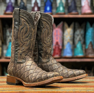 Men's Print Ostrich Square Toe Boots Brown