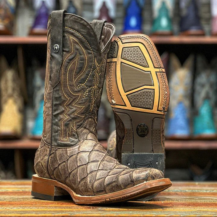 Men's Print Monster Fish Square Toe Boots Brown