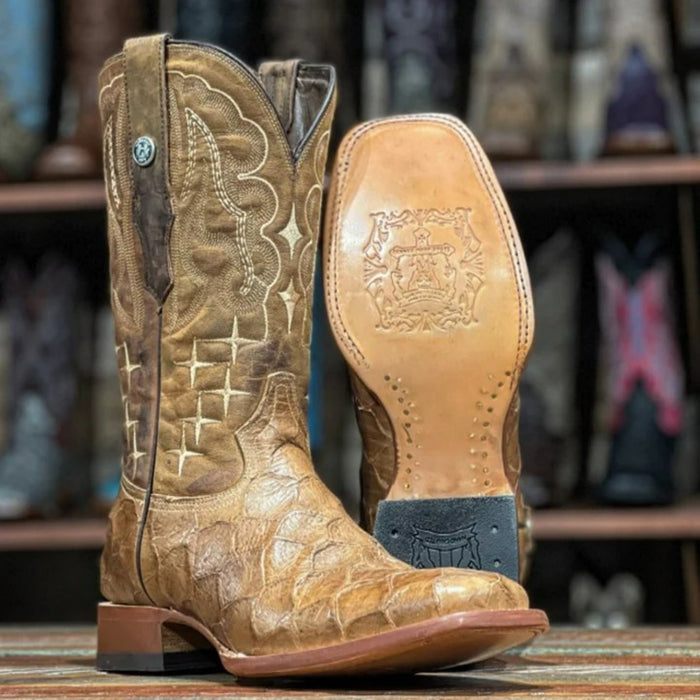 Men's Print Monster Fish Square Toe Boots Honey