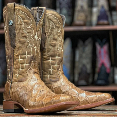 Men's Print Monster Fish Square Toe Boots Honey