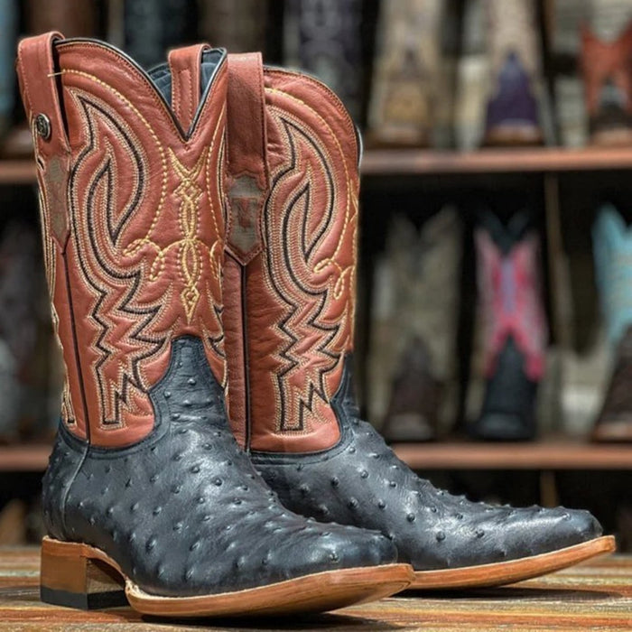 Tanner Mark Men's Checotah Print Ostrich Square Toe Boots Black