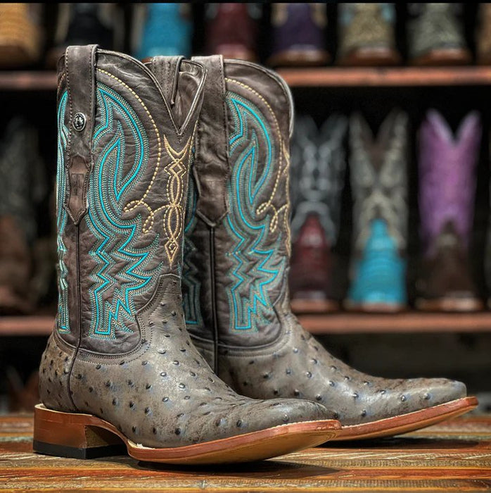 Men's Print Ostrich Square Toe Boots Black with Brown