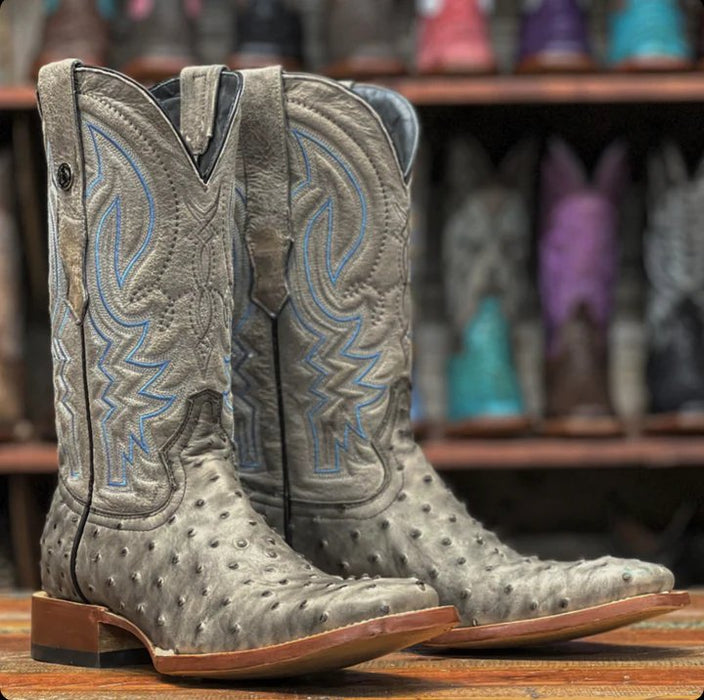 Men's Print Ostrich Square Toe Boots Grey with Black