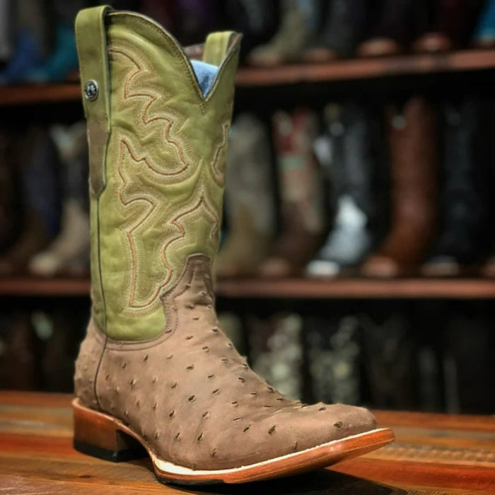 Men's Print Ostrich Square Toe Boots Suede Brown