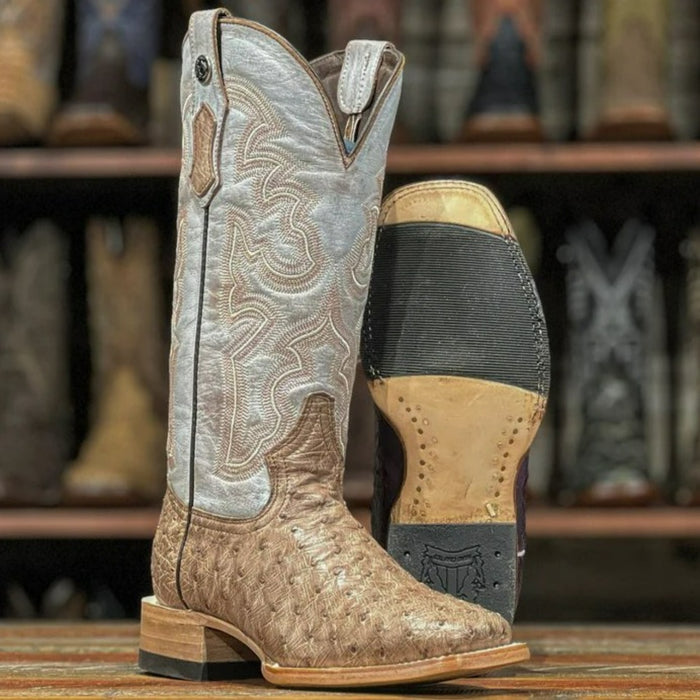 Women's Full Quill Ostrich Square Toe Boots Mink