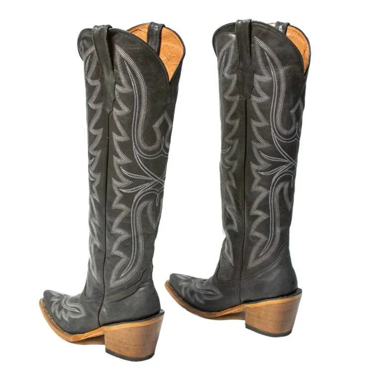 Tanner Mark Women's Snip Toe Fashion Heel Knee High Leather Boots Black