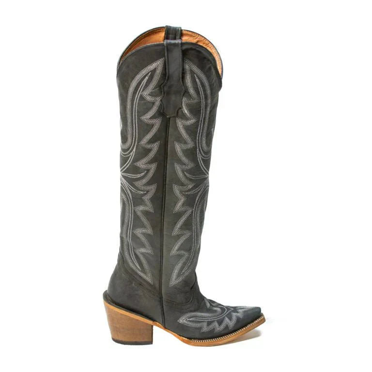 Tanner Mark Women's Snip Toe Fashion Heel Knee High Leather Boots Black