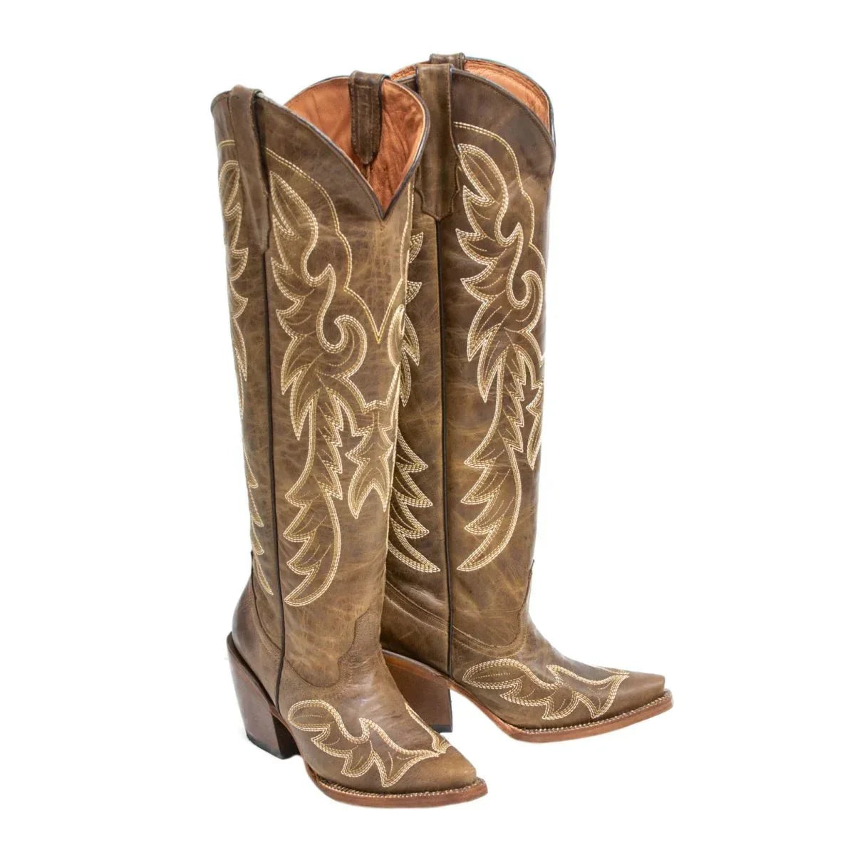 Tanner Mark Women's Snip Toe Fashion Heel Knee High Leather Boots Cognac
