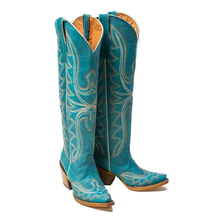 Tanner Mark Women's Snip Toe Fashion Heel Knee High Leather Boots Turquoise
