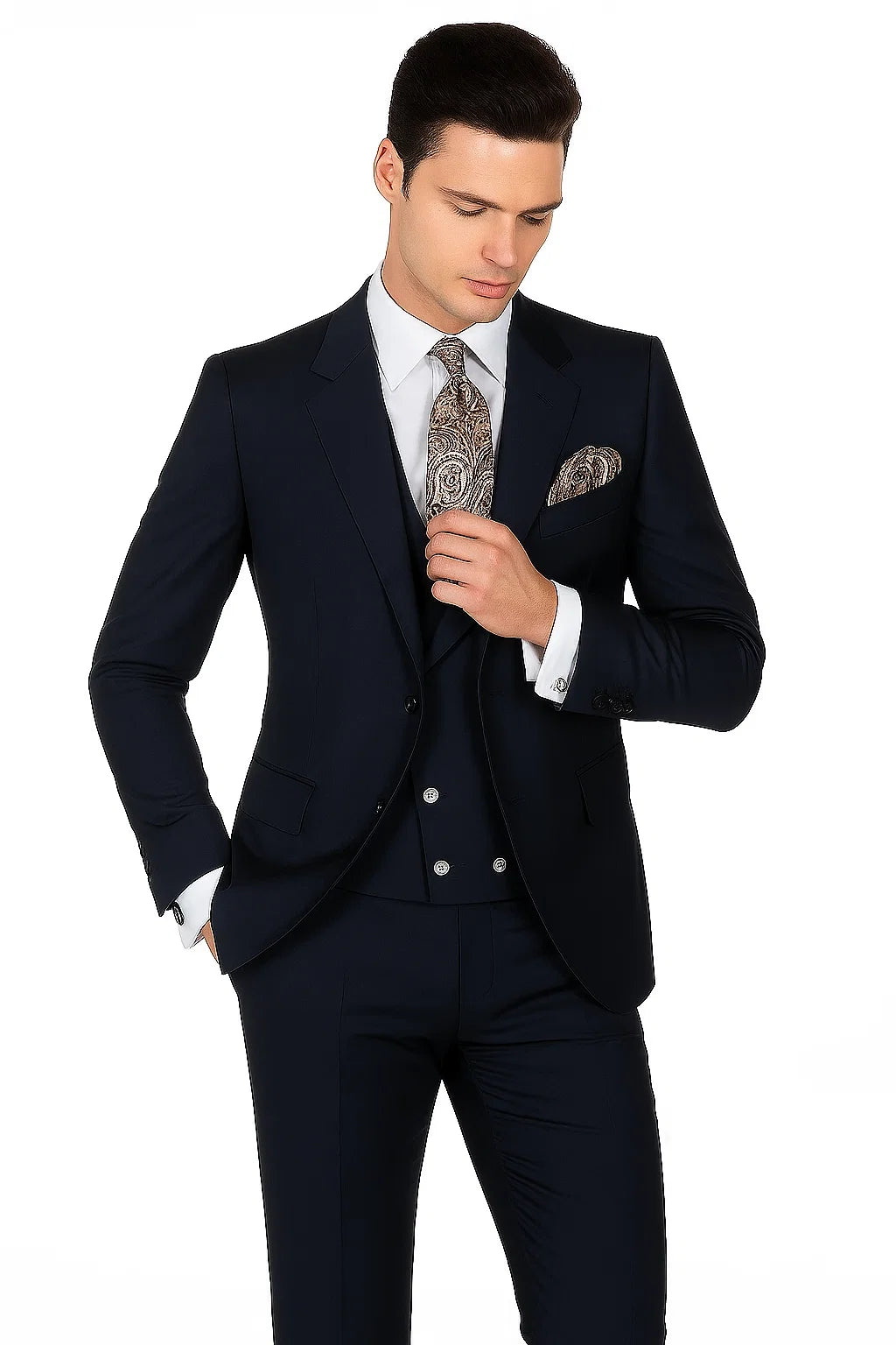 Mens Suits With Double Breasted Vest - Single Button Peak Lapel Navy Blue Suits