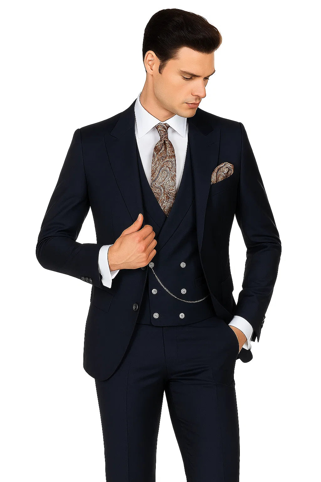 Mens Suits With Double Breasted Vest - Single Button Peak Lapel Navy Blue Suits