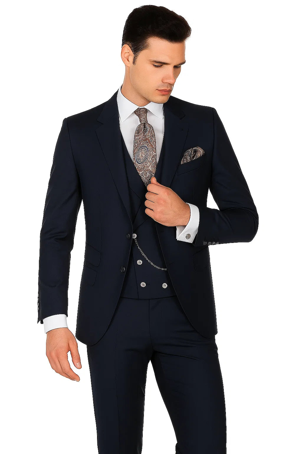 Mens Suits With Double Breasted Vest - Single Button Peak Lapel Navy Blue Suits