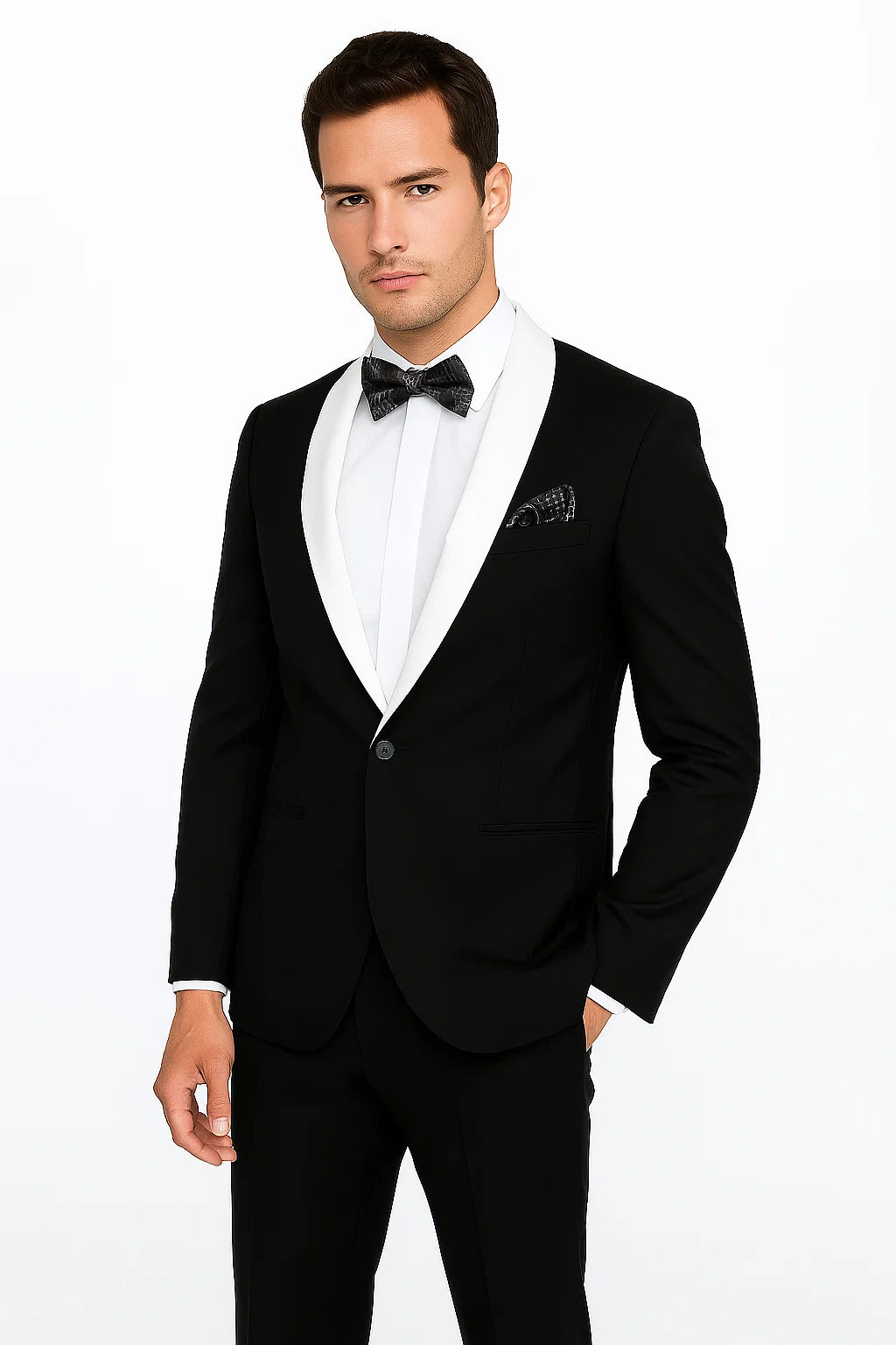 Single Button Black And White Shawl Lapel Suit Dinner Jacket & Black Pants Fashion Tuxedo For Men