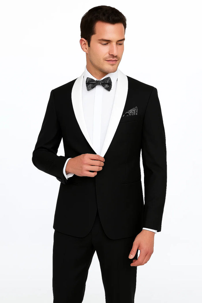 Single Button Black And White Shawl Lapel Suit Dinner Jacket & Black Pants Fashion Tuxedo For Men
