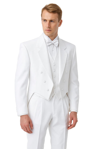 Notch Collar 6 Buttons Pleated Pants Six button Full Dress Formal Tuxedo Tailcoat in Solid Snow All White Suit For MenSatin facing