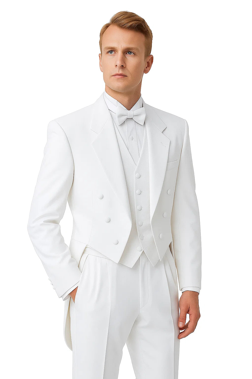 Notch Collar 6 Buttons Pleated Pants Six button Full Dress Formal Tuxedo Tailcoat in Solid Snow All White Suit For MenSatin facing
