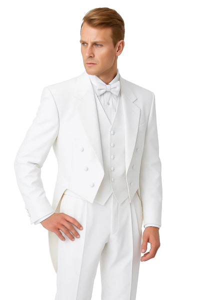 Notch Collar 6 Buttons Pleated Pants Six button Full Dress Formal Tuxedo Tailcoat in Solid Snow All White Suit For MenSatin facing