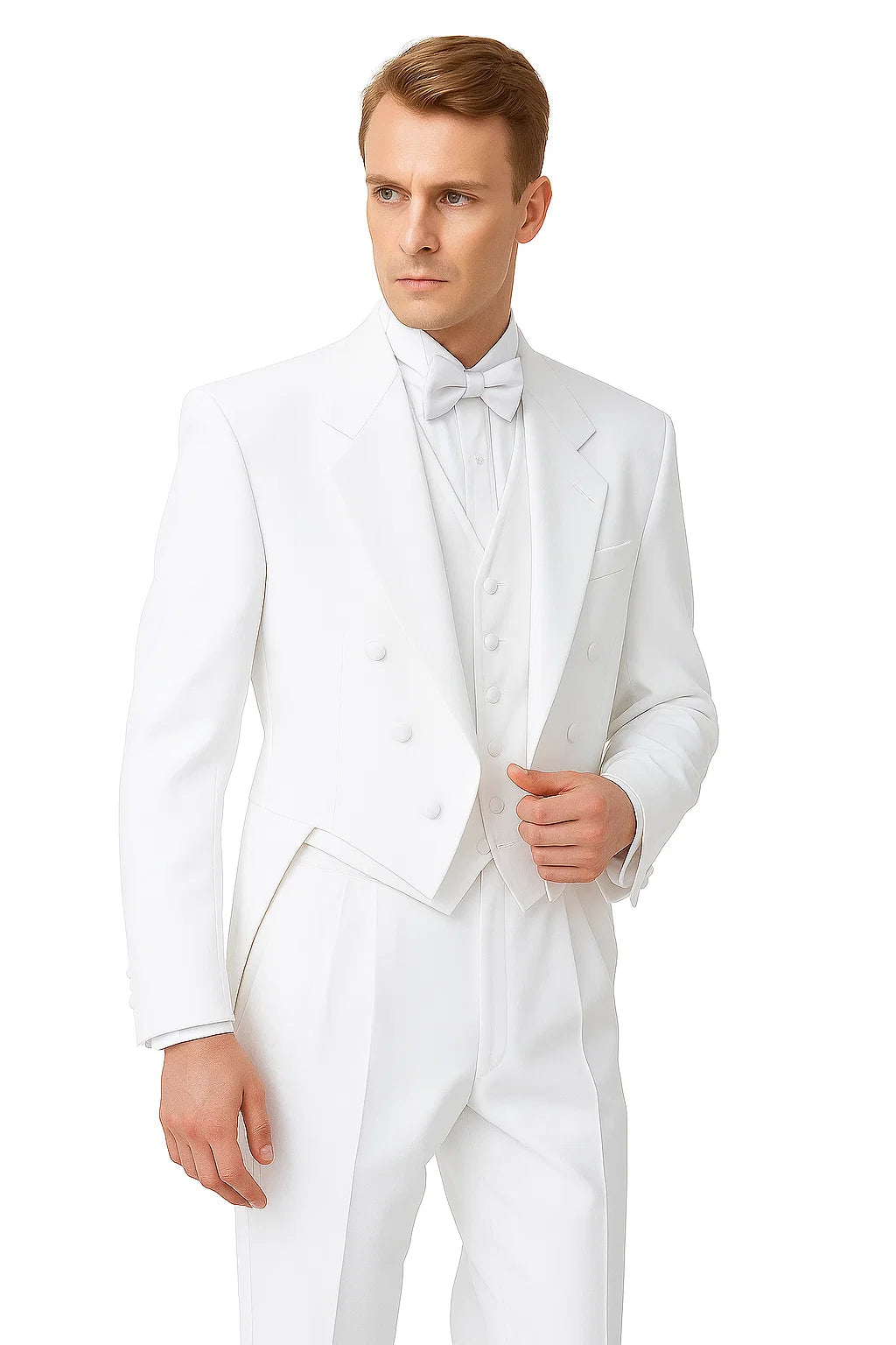 Notch Collar 6 Buttons Pleated Pants Six button Full Dress Formal Tuxedo Tailcoat in Solid Snow All White Suit For MenSatin facing
