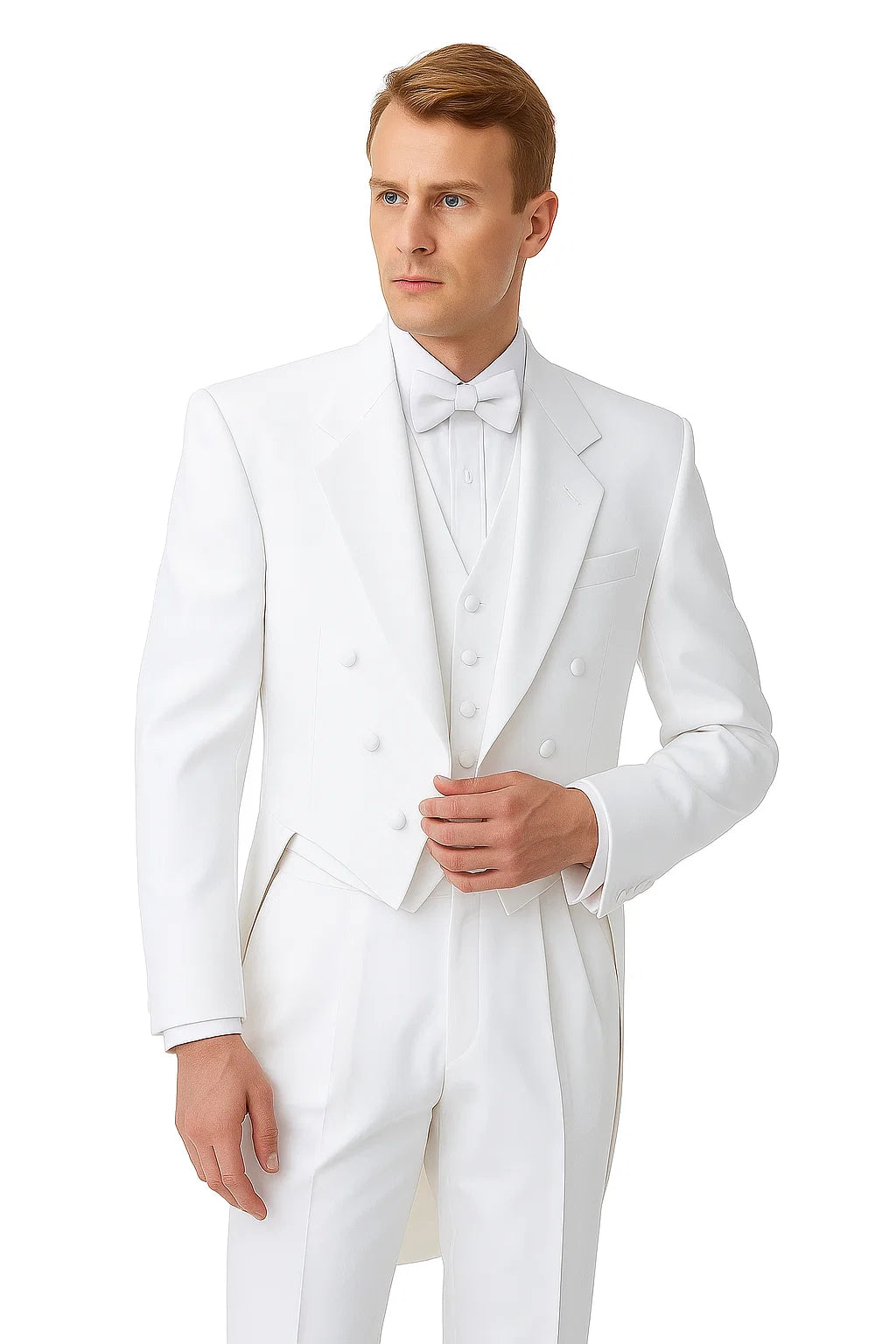 Notch Collar 6 Buttons Pleated Pants Six button Full Dress Formal Tuxedo Tailcoat in Solid Snow All White Suit For MenSatin facing