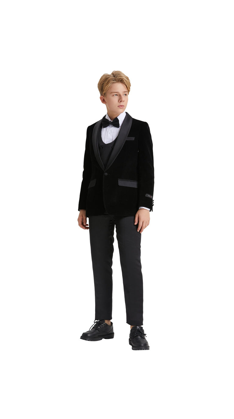 Boys' Slim Fit 5-Piece Velvet Suit Set – Satin Shawl Lapel – Holiday & Formal Events