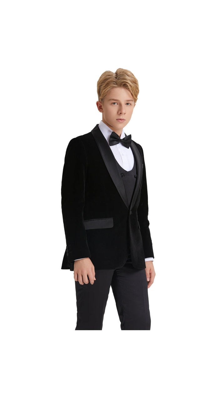 Boys' Slim Fit 5-Piece Velvet Suit Set – Satin Shawl Lapel – Holiday & Formal Events